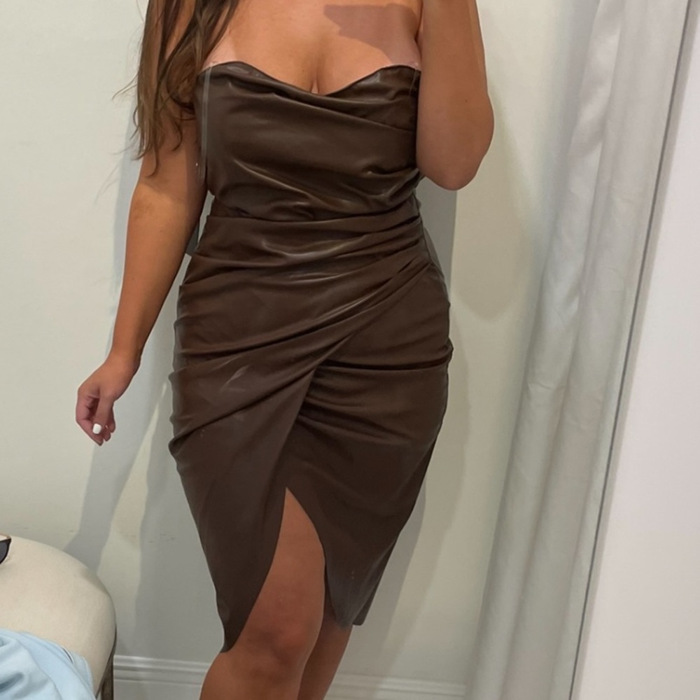 Brown faux leather midi dress